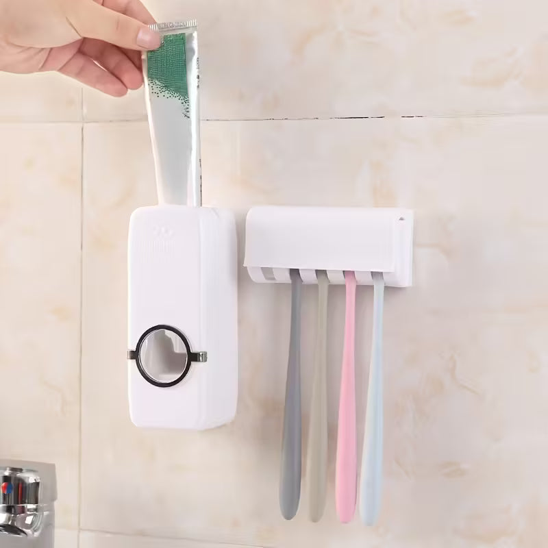 Tooth Paste Dispenser/ Automatic Toothpaste Dispenser & Dust-Proof Toothbrush Holder Wall Mount Stand - Sleek White & Pink Bathroom Organizer with Squeezable Tube, Multicolor.