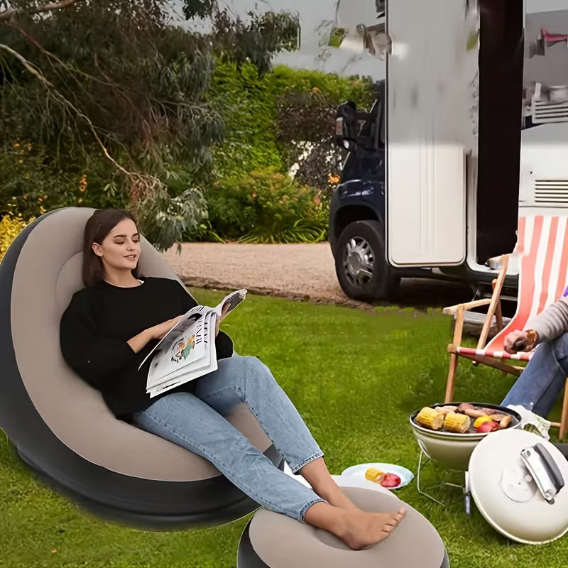 Inflatable Single Sofa/ Portable Folding Lounge Chair with Footrest, Ideal for Camping, Beach, Pool, Backyard, Non-electric, Hand Wash Only, Multicolor.