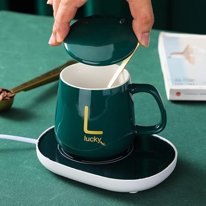 Electric Coffee Warmer/ Smart Coffee Cup Set with Electric Warmer, USB-Powered Ceramic Mug with Coaster White and Green Green Thermostatic Cup + Gift Box, Multicolor.