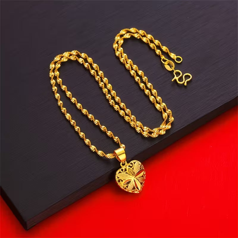 Gold Heart Necklace for Women/ Classic Double-Sided Heart Pendant Necklace for Women, Elegant Wave Chain with Hollow Love Charm, Casual Holiday Party Accessory Gift for Girlfriend or Best Friend.