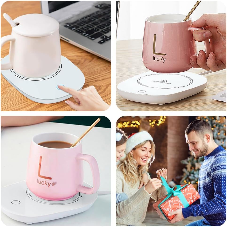 Electric Coffee Warmer/ Smart Coffee Cup Set with Electric Warmer, USB-Powered Ceramic Mug with Coaster White and Green Green Thermostatic Cup + Gift Box, Multicolor.