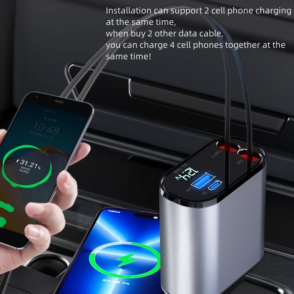 4 in 1 Retractable Charger/ 4 in 1 Fast Car Phone Charger Retractable Cables and USB Car Charger, Including iPhones, Samsung Galaxy Phones, Tablets And Notebooks, Multicolor.