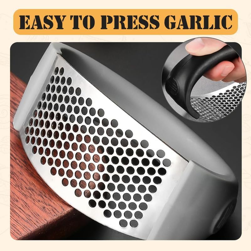 Multi-function Garlic Presser/ Garlic Press Rocker, NEW Stainless Steel Garlic Mincer Garlic Crusher with Peeler, New Innovative Garlic Chopper with Peeler and Scraper for Smash Garlic, Multicolor.