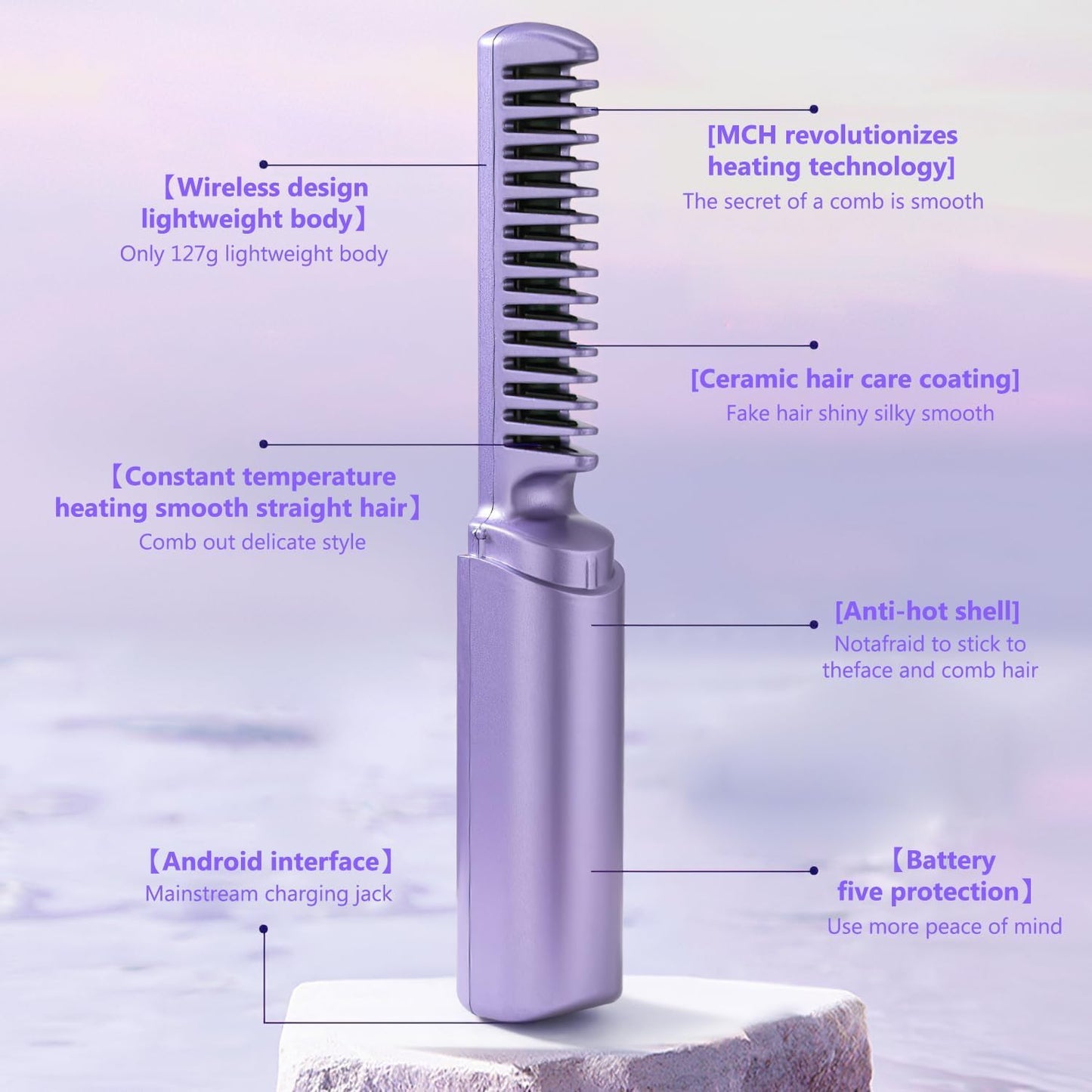 Portable Hair Straightener Comb/ Mini Wireless Hair Straightener Brush, Portable, 2-in-1, Ceramic, Purple, One Size, Straightens and Curls, Suitable for All Hair Types, Multicolor.