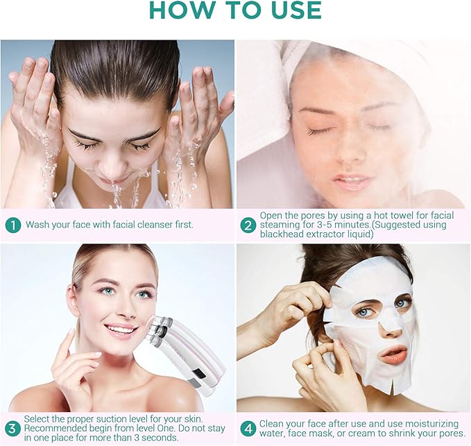 Electric Black Head Suction Instrument Face Cleaner/ Blackhead Remover Vacuum, Facial Pore Cleanser Acne Comedones Extraction 5 Replaceable Heads.