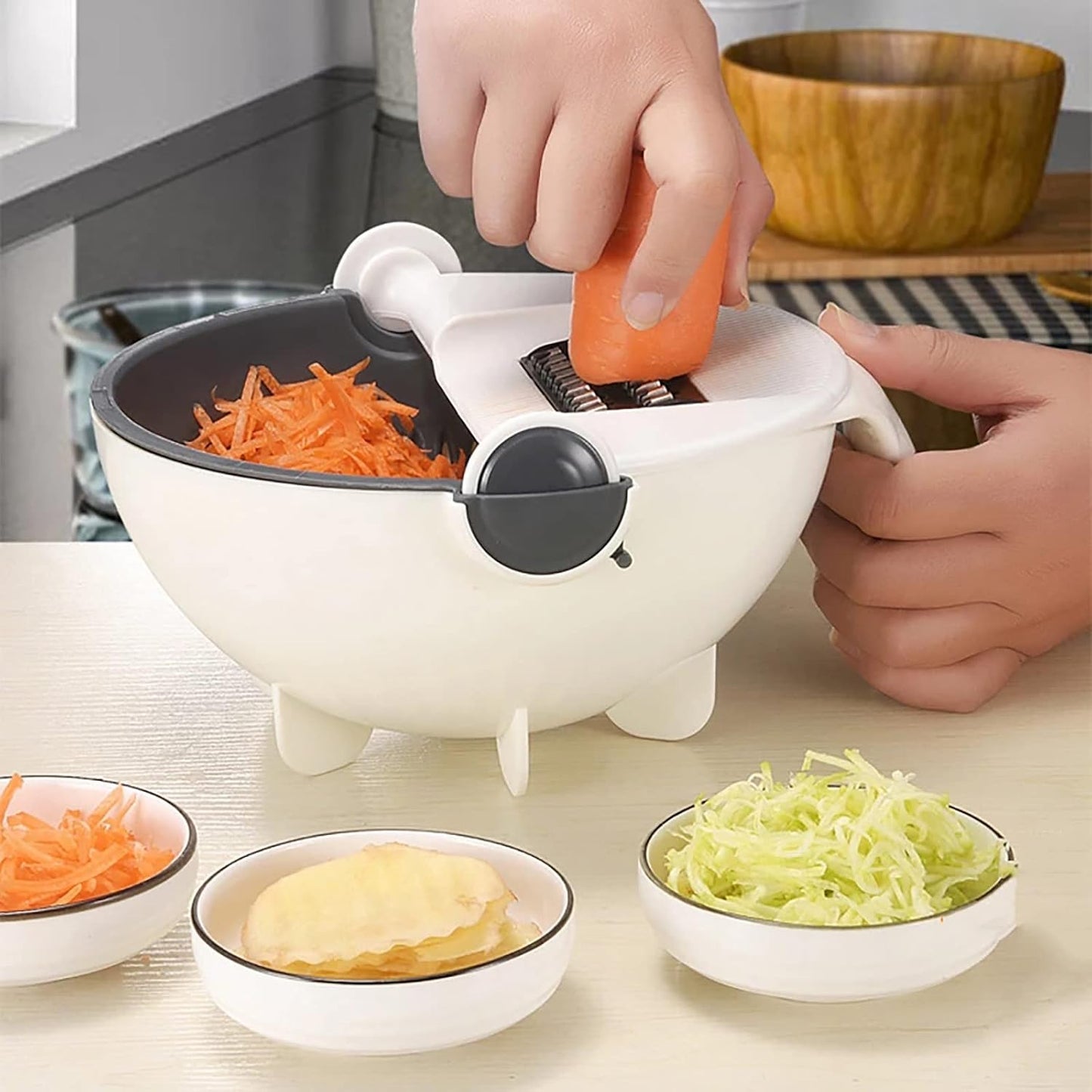 Multi-functional Vegetable Cutter/ Multifunctional Vegetable Fruits Cutter, Slicer Shredder with Rotating Drain Basket, Space-Saving Storage,Easy to Clean, Removeable Parts, Multicolor.