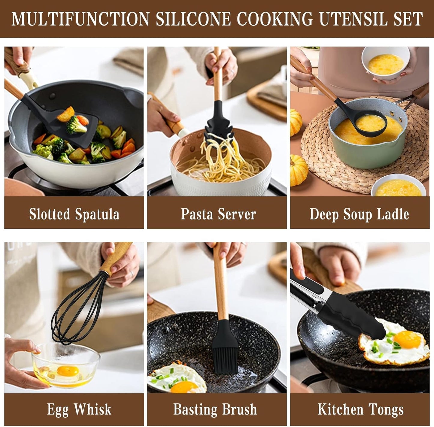 12 Pcs Cooking Utensils Set/ 12 pcs Silicone Cooking Utensils Kitchen Utensil Set with Holder Heat Resistant Silicone Spatula Turner Set Wooden Spoons Kitchen Gadgets Tools Cooking Utensils for Nonstick Cookware, Multicolor.