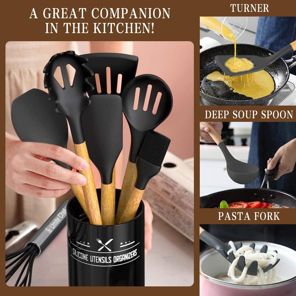 12 Pcs Cooking Utensils Set/ 12 pcs Silicone Cooking Utensils Kitchen Utensil Set with Holder Heat Resistant Silicone Spatula Turner Set Wooden Spoons Kitchen Gadgets Tools Cooking Utensils for Nonstick Cookware, Multicolor.