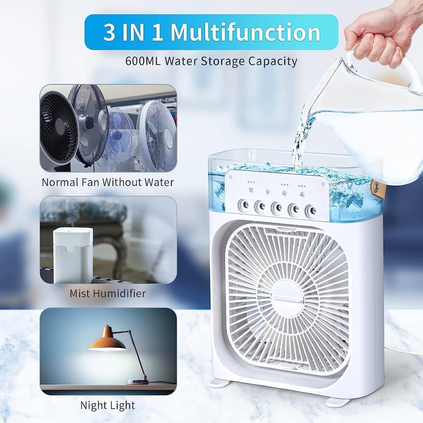 Cooling Fan With Ice/ Portable Air Conditioners, Mini Evaporative Cooler,USB Personal Conditioner, Cooling Fan for car Home Office Room, Multicolor.