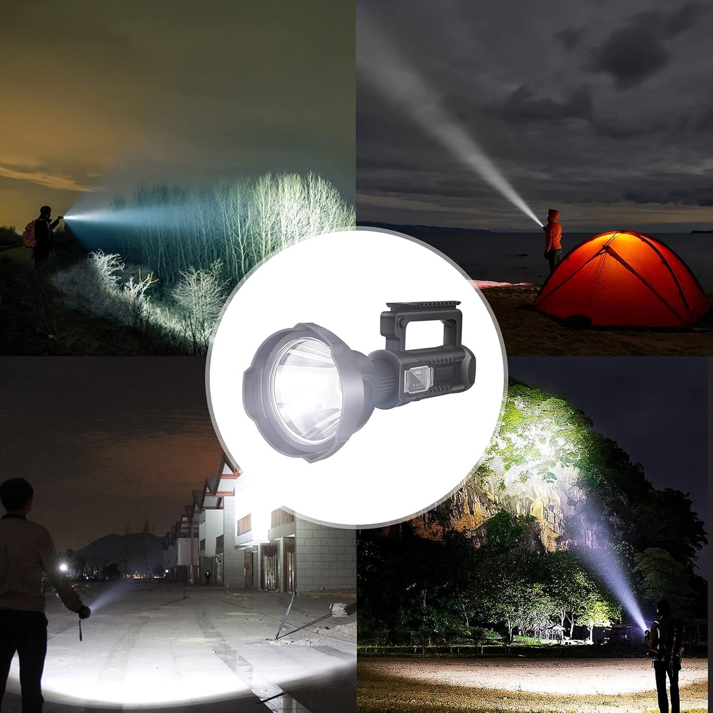 Portable LED Flashlight/ Rechargeable 4 Modes Waterproof Large Searchlight for Camping,Fishing with USB Output and Foldable Tripod, Multicolor.