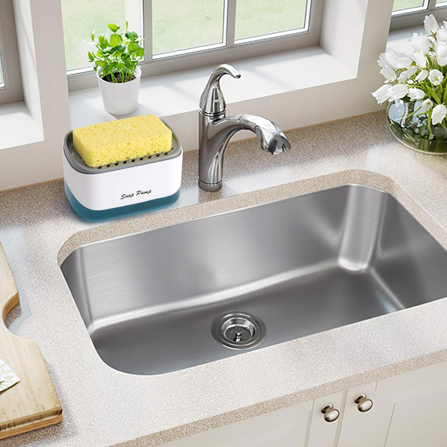 Kitchen Soap Dispenser/ Soap Pump Dispenser and Sponge Holder, Dish Soap Dispenser for Kitchen, Manual Pump Dispenser, Functional & Convenient, Multicolor.