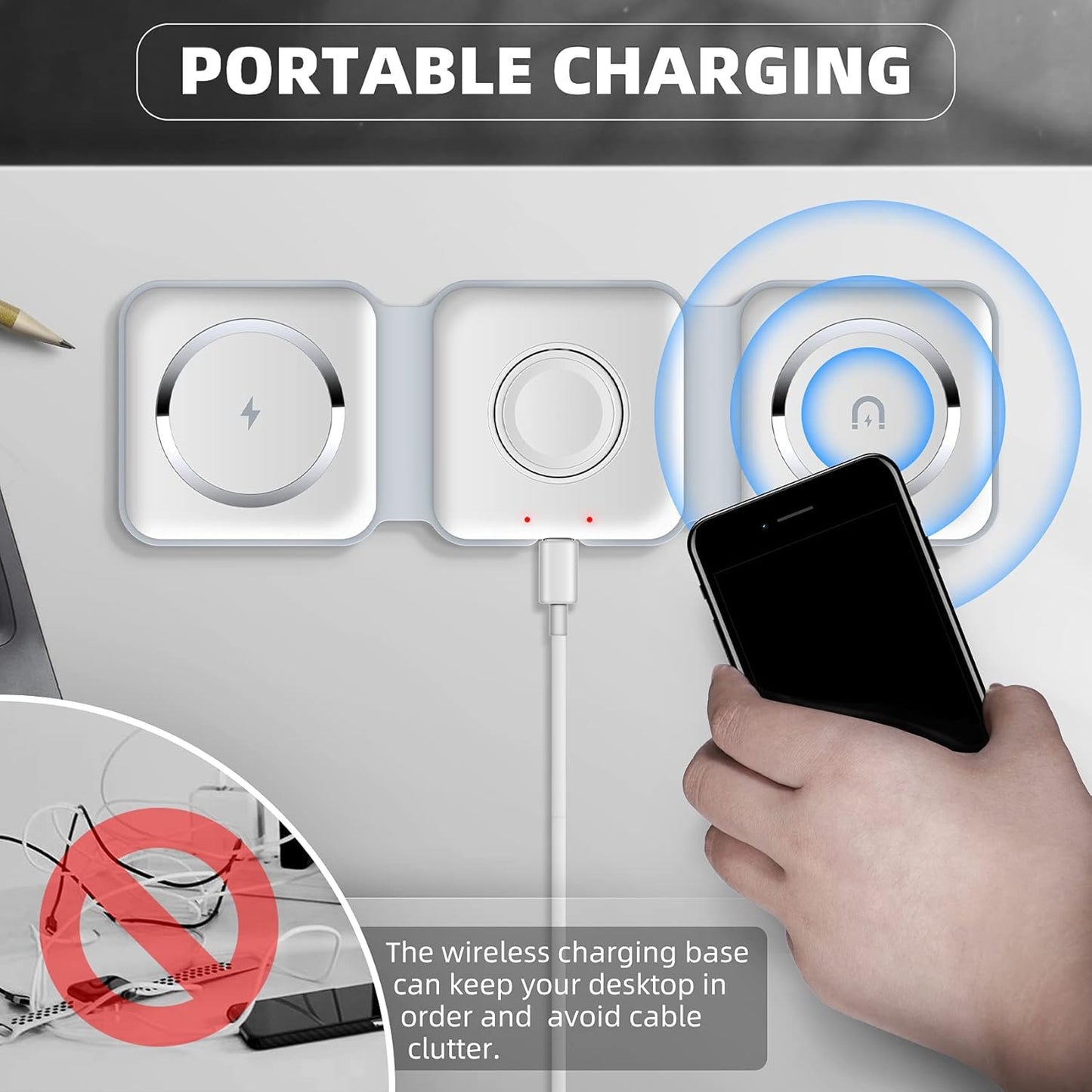 3-In-1 Wireless Charging Pad/ Foldable Magnetic Wireless Charger, For Cell Phone, Earphone, Foldable Magnetic Wireless Charger. IWatch, Compatible With All Magnetic Mobile Phones, Multicolor.