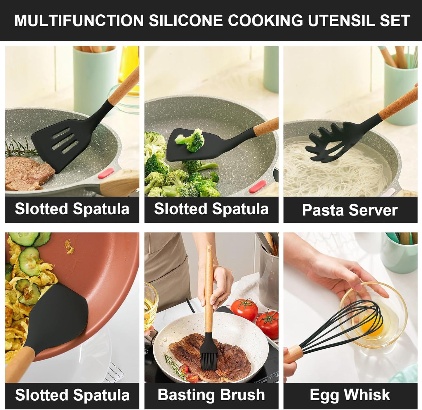 12 Pcs Cooking Utensils Set/ 12 pcs Silicone Cooking Utensils Kitchen Utensil Set with Holder Heat Resistant Silicone Spatula Turner Set Wooden Spoons Kitchen Gadgets Tools Cooking Utensils for Nonstick Cookware, Multicolor.