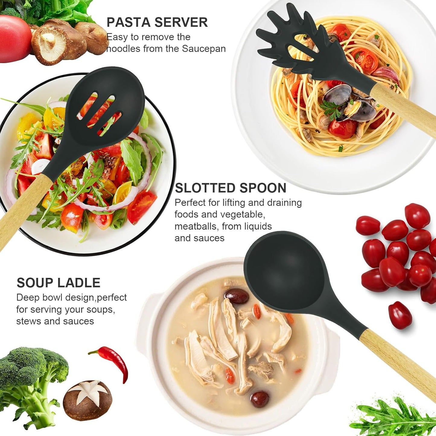 12 Pcs Cooking Utensils Set/ 12 pcs Silicone Cooking Utensils Kitchen Utensil Set with Holder Heat Resistant Silicone Spatula Turner Set Wooden Spoons Kitchen Gadgets Tools Cooking Utensils for Nonstick Cookware, Multicolor.