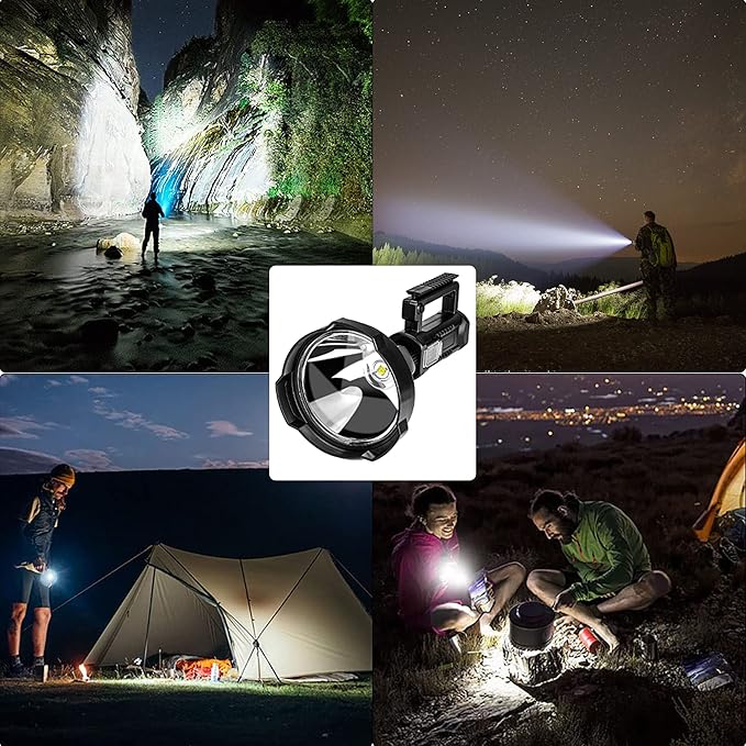 Portable LED Flashlight/ Rechargeable 4 Modes Waterproof Large Searchlight for Camping,Fishing with USB Output and Foldable Tripod, Multicolor.