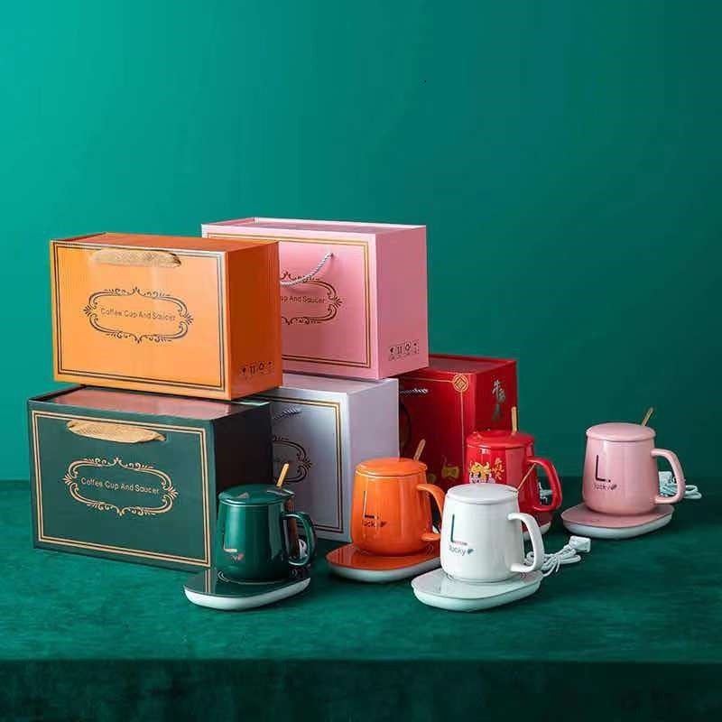 Electric Coffee Warmer/ Smart Coffee Cup Set with Electric Warmer, USB-Powered Ceramic Mug with Coaster White and Green Green Thermostatic Cup + Gift Box, Multicolor.
