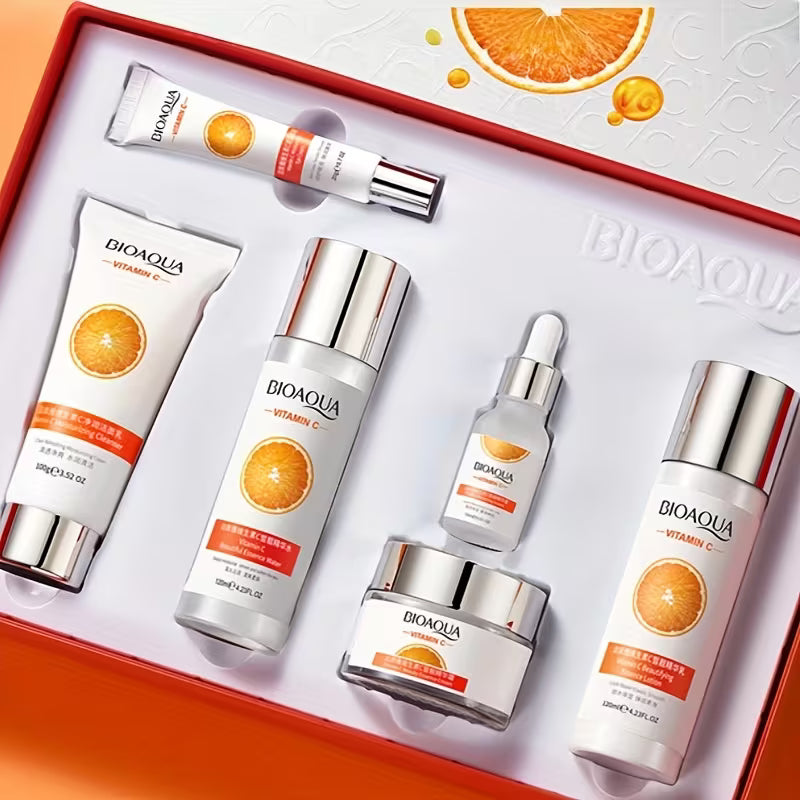 Bioaqua Facial Care Set/ Vitamin C Skincare 6pcs Set, Rich in Vitamin C, Glycerin, Orange Extract, Moisturizes and Nourishes the Skin, Includes Cleanser, Eye Cream, Serum, Toner, Cream, and Essence.