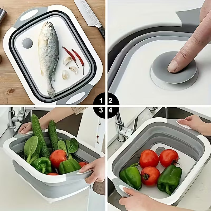 4-In-1 Multi-Board Basket/ Folding Vegetable Basket Strainer Wash and Drain Dish Tub Collapsible Dishpan with Draining Plug, Multicolor.