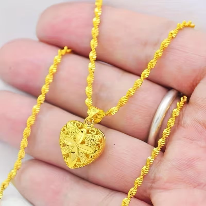 Gold Heart Necklace for Women/ Classic Double-Sided Heart Pendant Necklace for Women, Elegant Wave Chain with Hollow Love Charm, Casual Holiday Party Accessory Gift for Girlfriend or Best Friend.