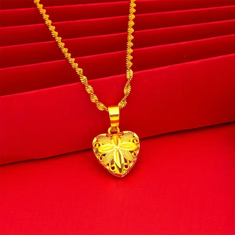 Gold Heart Necklace for Women/ Classic Double-Sided Heart Pendant Necklace for Women, Elegant Wave Chain with Hollow Love Charm, Casual Holiday Party Accessory Gift for Girlfriend or Best Friend.