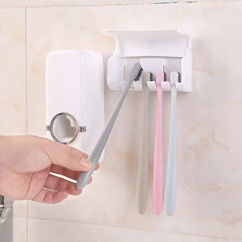 Tooth Paste Dispenser/ Automatic Toothpaste Dispenser & Dust-Proof Toothbrush Holder Wall Mount Stand - Sleek White & Pink Bathroom Organizer with Squeezable Tube, Multicolor.