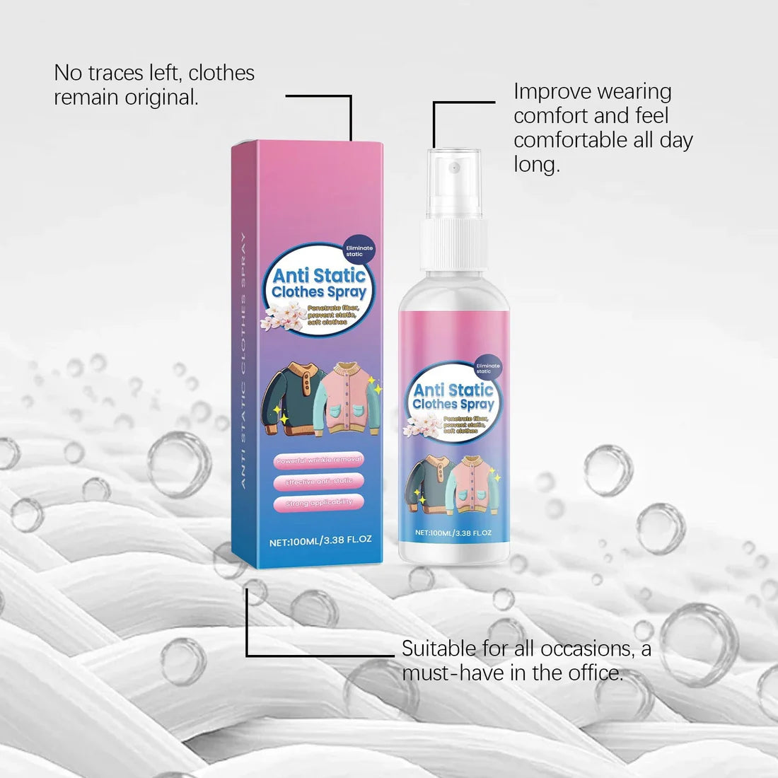 Anti Static Spray 100ml/ Home Clothing Anti-Static Spray - Reduces Wrinkles and Smoothens Fabrics, Makes Clothes Softer & Prevents Static Cling, Fabric Care, Laundry Essentials.