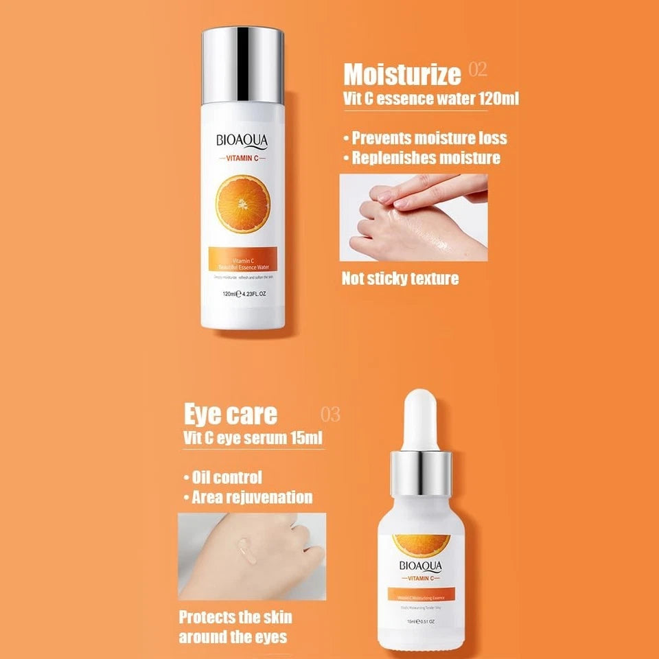 Bioaqua Facial Care Set/ Vitamin C Skincare 6pcs Set, Rich in Vitamin C, Glycerin, Orange Extract, Moisturizes and Nourishes the Skin, Includes Cleanser, Eye Cream, Serum, Toner, Cream, and Essence.