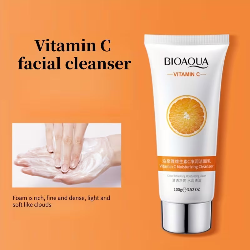 Bioaqua Facial Care Set/ Vitamin C Skincare 6pcs Set, Rich in Vitamin C, Glycerin, Orange Extract, Moisturizes and Nourishes the Skin, Includes Cleanser, Eye Cream, Serum, Toner, Cream, and Essence.