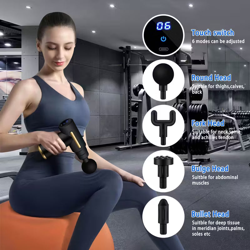 Muscle Massage Gun with 4 Heads FH-820, Portable Massage Gun for Body, Back and Neck with Mini Elegant Design. Rechargeable Lithium Battery, Multicolor.