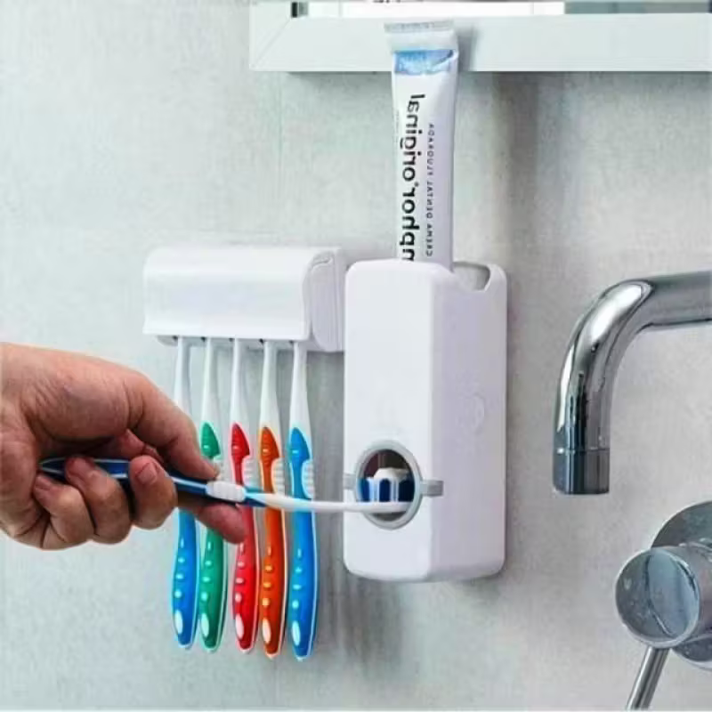 Tooth Paste Dispenser/ Automatic Toothpaste Dispenser & Dust-Proof Toothbrush Holder Wall Mount Stand - Sleek White & Pink Bathroom Organizer with Squeezable Tube, Multicolor.
