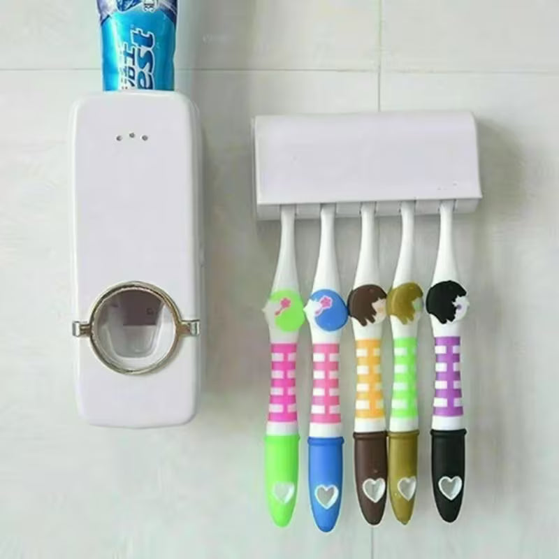 Tooth Paste Dispenser/ Automatic Toothpaste Dispenser & Dust-Proof Toothbrush Holder Wall Mount Stand - Sleek White & Pink Bathroom Organizer with Squeezable Tube, Multicolor.