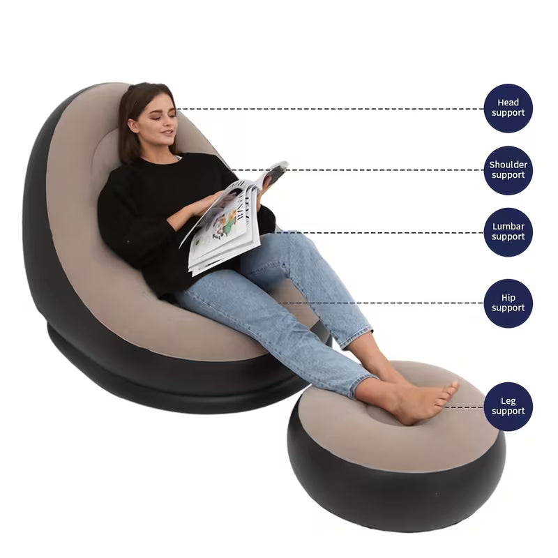 Inflatable Single Sofa/ Portable Folding Lounge Chair with Footrest, Ideal for Camping, Beach, Pool, Backyard, Non-electric, Hand Wash Only, Multicolor.