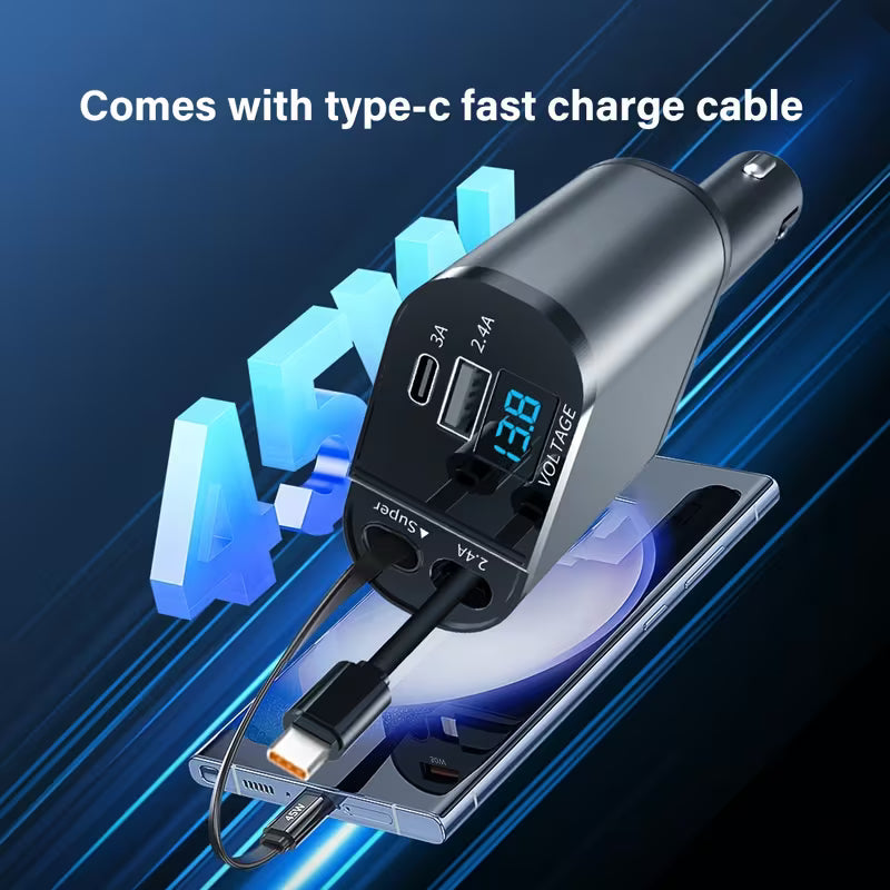 4 in 1 Retractable Charger/ 4 in 1 Fast Car Phone Charger Retractable Cables and USB Car Charger, Including iPhones, Samsung Galaxy Phones, Tablets And Notebooks, Multicolor.
