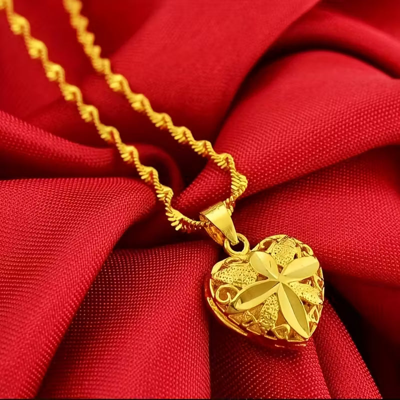 Gold Heart Necklace for Women/ Classic Double-Sided Heart Pendant Necklace for Women, Elegant Wave Chain with Hollow Love Charm, Casual Holiday Party Accessory Gift for Girlfriend or Best Friend.