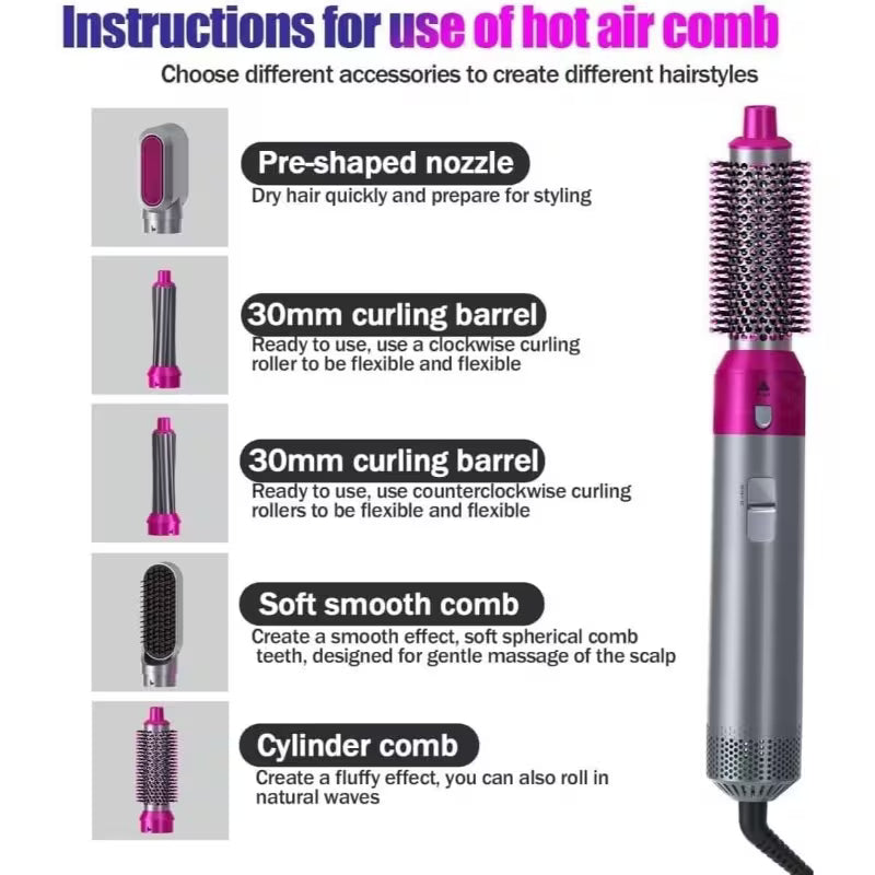 Hot Air Brush 5-in-1/ Hair Dryer & Styler Set with Interchangeable Attachments Brush, Comb, Massage, for Straightening, Curling, Multicolor.