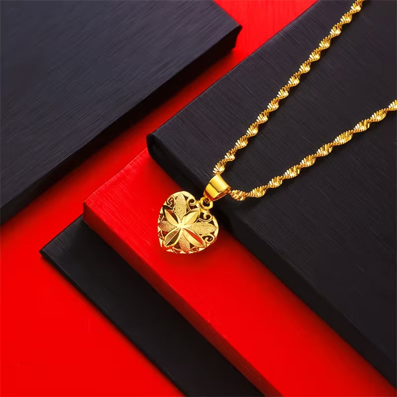 Gold Heart Necklace for Women/ Classic Double-Sided Heart Pendant Necklace for Women, Elegant Wave Chain with Hollow Love Charm, Casual Holiday Party Accessory Gift for Girlfriend or Best Friend.