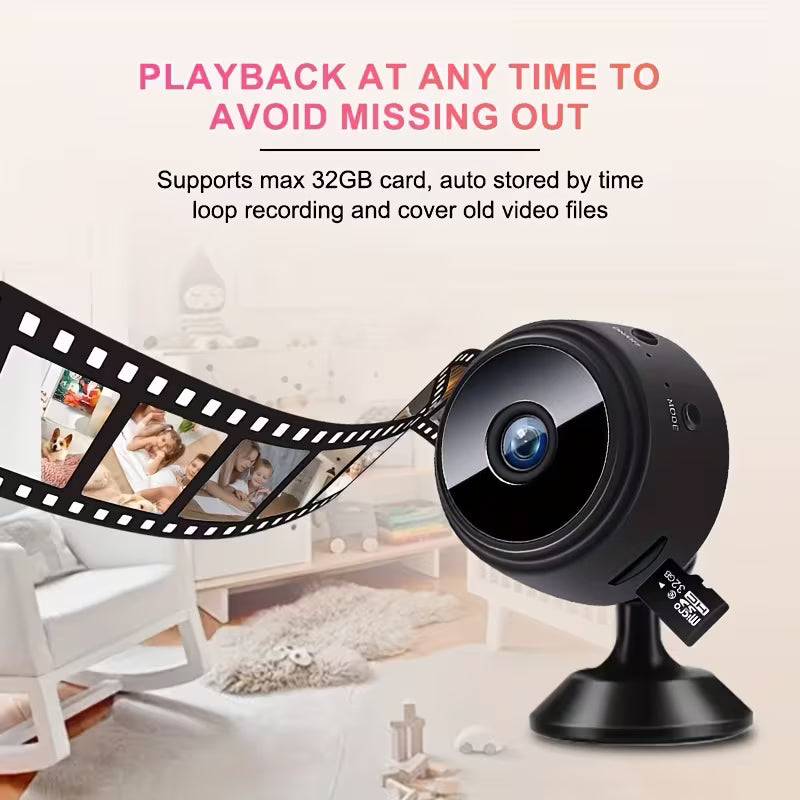 Mini Wireless Security Camera/ Mobile Remote Access, Rechargeable Battery, Compact Design for Indoor/Outdoor Use, Indoor Surveillance, Modern Home Security, Durable Plastic Body, Multicolor.