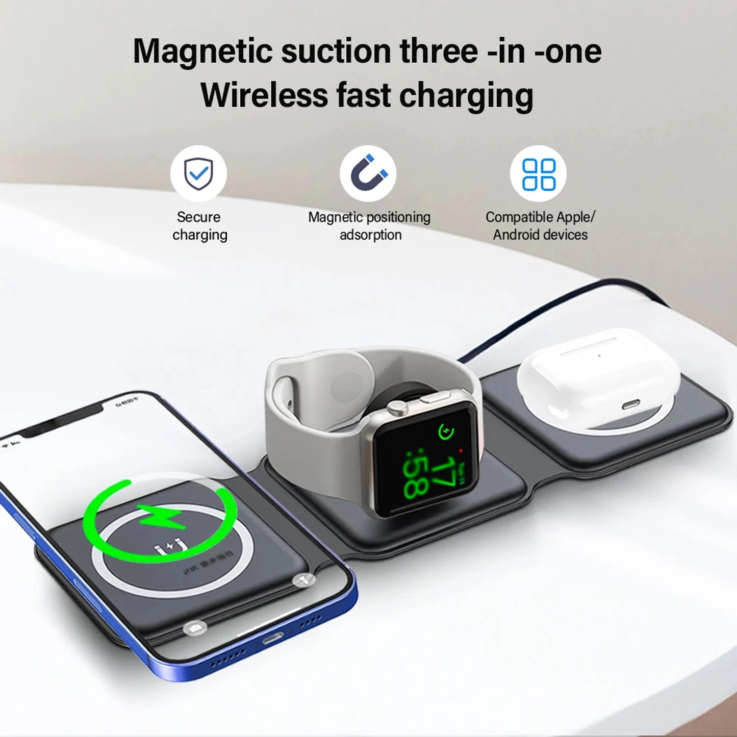 3-In-1 Wireless Charging Pad/ Foldable Magnetic Wireless Charger, For Cell Phone, Earphone, Foldable Magnetic Wireless Charger. IWatch, Compatible With All Magnetic Mobile Phones, Multicolor.
