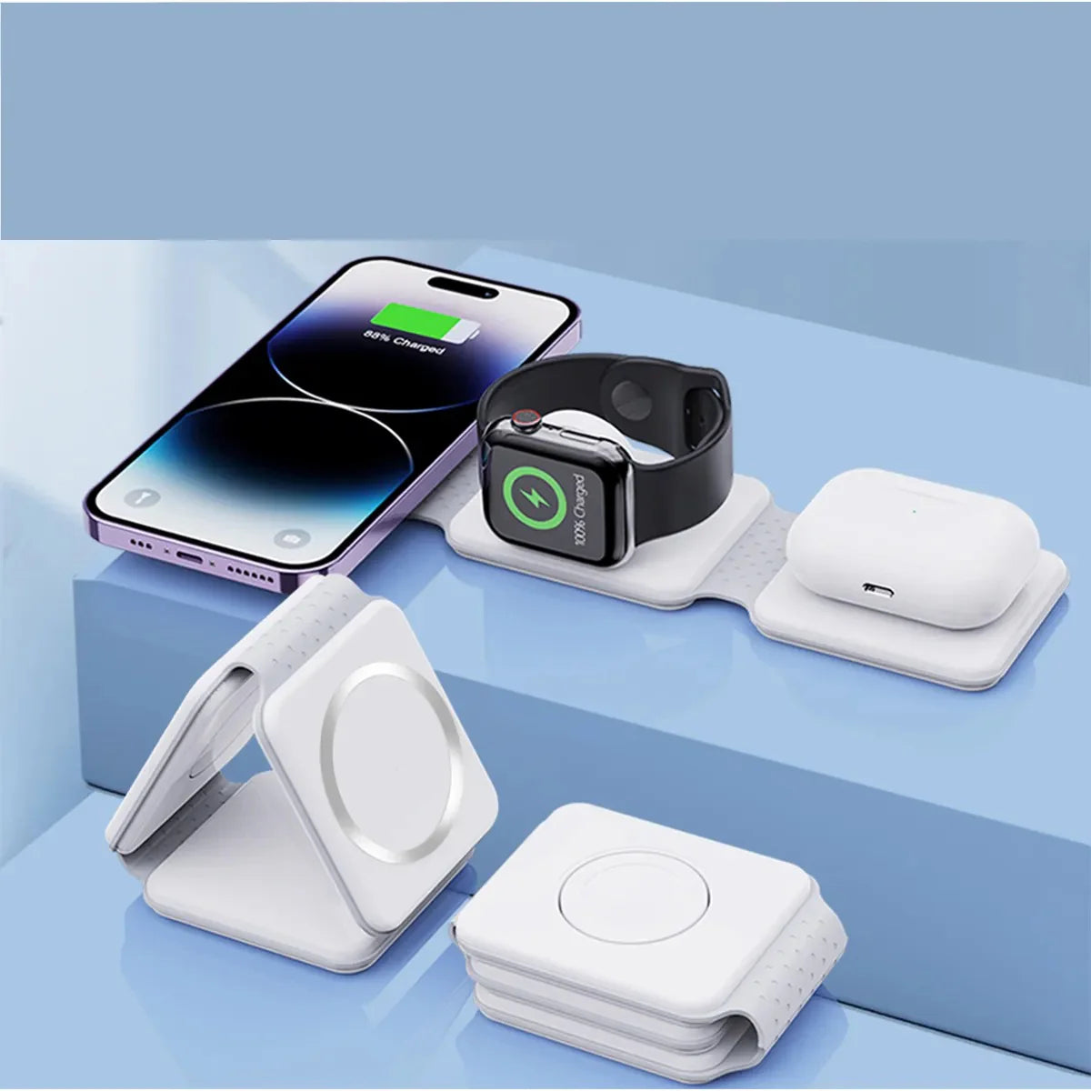 3-In-1 Wireless Charging Pad/ Foldable Magnetic Wireless Charger, For Cell Phone, Earphone, Foldable Magnetic Wireless Charger. IWatch, Compatible With All Magnetic Mobile Phones, Multicolor.