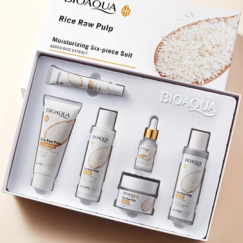 Bioaqua 6pcs Skincare Set, Rice Puree Care Set, Women's and s' moisturizing facial Light Beige care gift set, Hypoallergenic, Cleansing and Moisturizing, Moisturizing, Gentle Formula, Rich Foam, Deep Cleansing, Moisturizing.