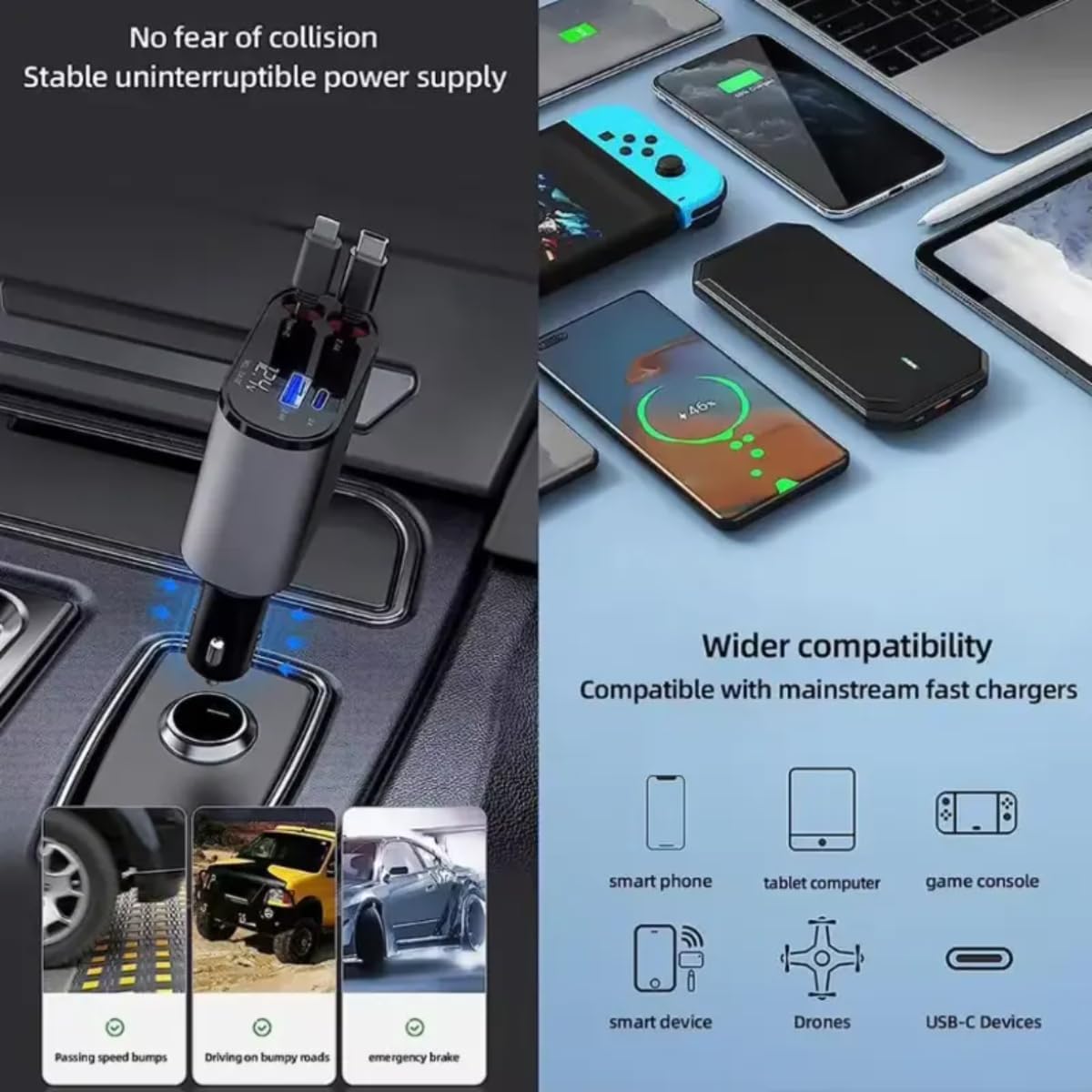 4 in 1 Retractable Charger/ 4 in 1 Fast Car Phone Charger Retractable Cables and USB Car Charger, Including iPhones, Samsung Galaxy Phones, Tablets And Notebooks, Multicolor.