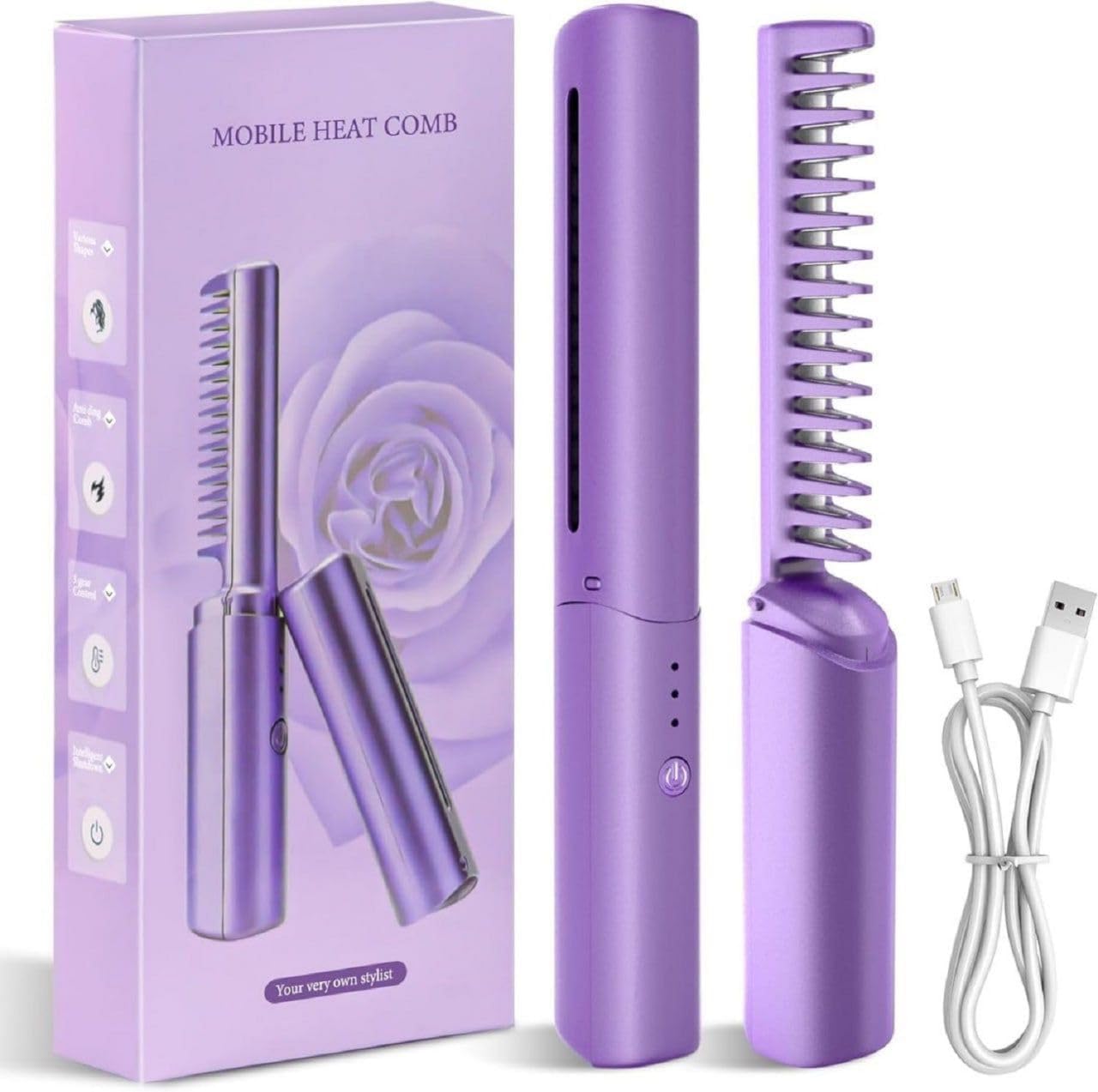 Portable Hair Straightener Comb/ Mini Wireless Hair Straightener Brush, Portable, 2-in-1, Ceramic, Purple, One Size, Straightens and Curls, Suitable for All Hair Types, Multicolor.