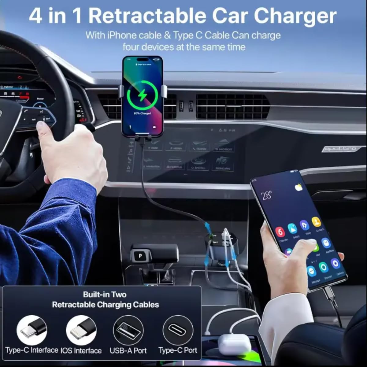 4 in 1 Retractable Charger/ 4 in 1 Fast Car Phone Charger Retractable Cables and USB Car Charger, Including iPhones, Samsung Galaxy Phones, Tablets And Notebooks, Multicolor.