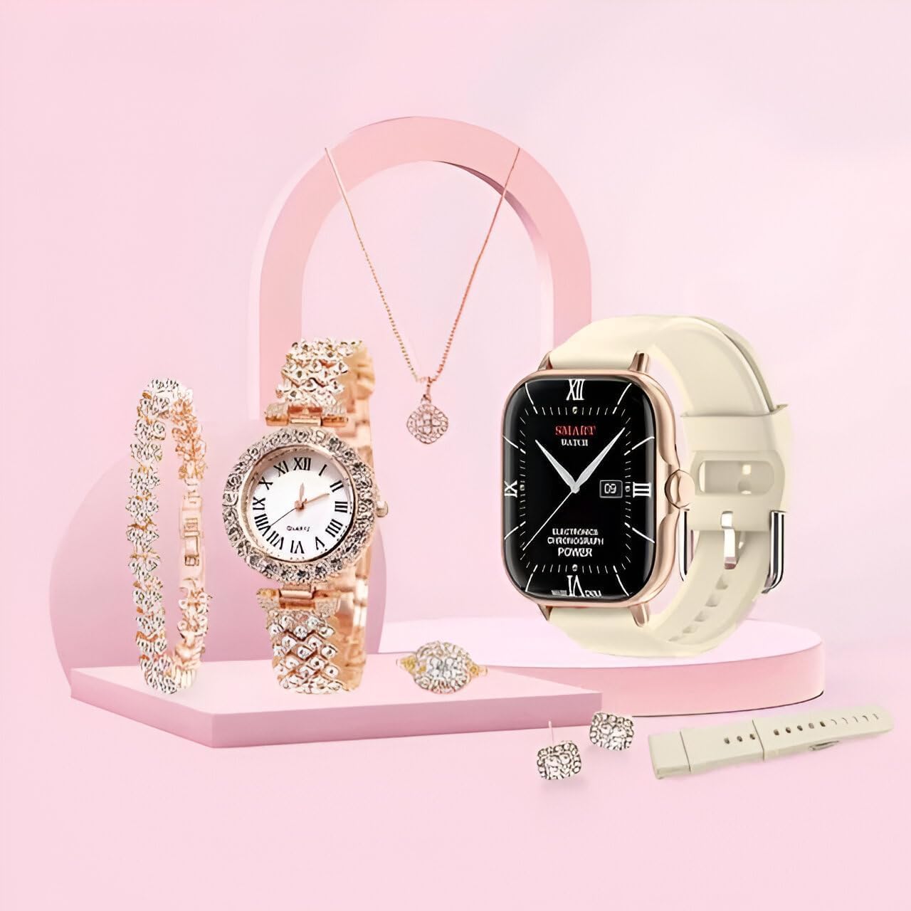 A58 Smart Watch 5 In 1 / Smartwatch With Bracelet And Necklace Set For Women, Smart Watch Stainless Steel, Big Screen, Bracelet, Sports Combo Set With Jewellery For Womens, Multicolor.