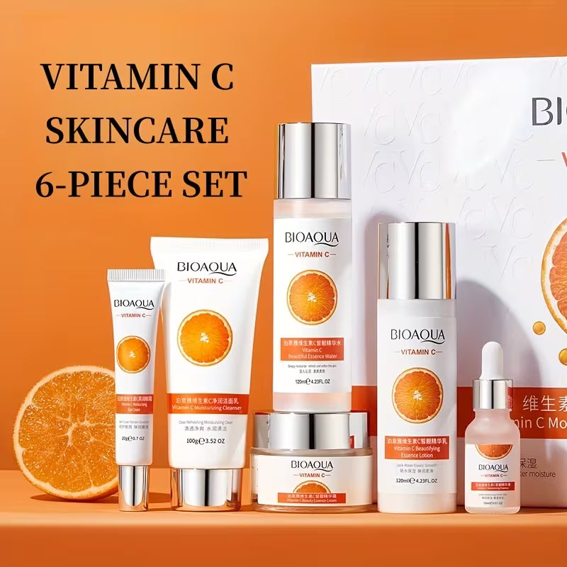 Bioaqua Facial Care Set/ Vitamin C Skincare 6pcs Set, Rich in Vitamin C, Glycerin, Orange Extract, Moisturizes and Nourishes the Skin, Includes Cleanser, Eye Cream, Serum, Toner, Cream, and Essence.