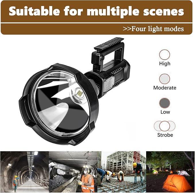 Portable LED Flashlight/ Rechargeable 4 Modes Waterproof Large Searchlight for Camping,Fishing with USB Output and Foldable Tripod, Multicolor.