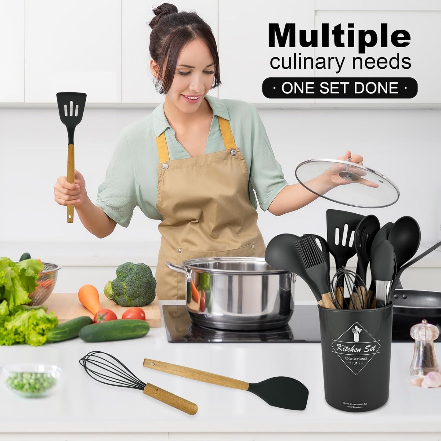 12 Pcs Cooking Utensils Set/ 12 pcs Silicone Cooking Utensils Kitchen Utensil Set with Holder Heat Resistant Silicone Spatula Turner Set Wooden Spoons Kitchen Gadgets Tools Cooking Utensils for Nonstick Cookware, Multicolor.