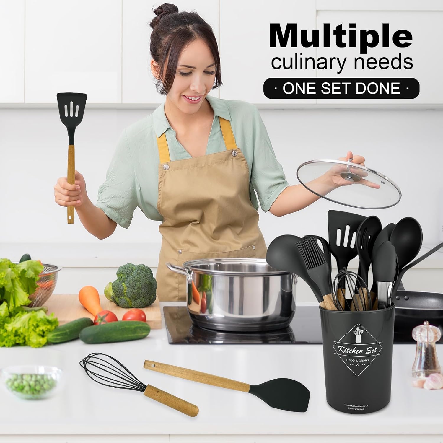 12 Pcs Cooking Utensils Set/ 12 pcs Silicone Cooking Utensils Kitchen Utensil Set with Holder Heat Resistant Silicone Spatula Turner Set Wooden Spoons Kitchen Gadgets Tools Cooking Utensils for Nonstick Cookware, Multicolor.