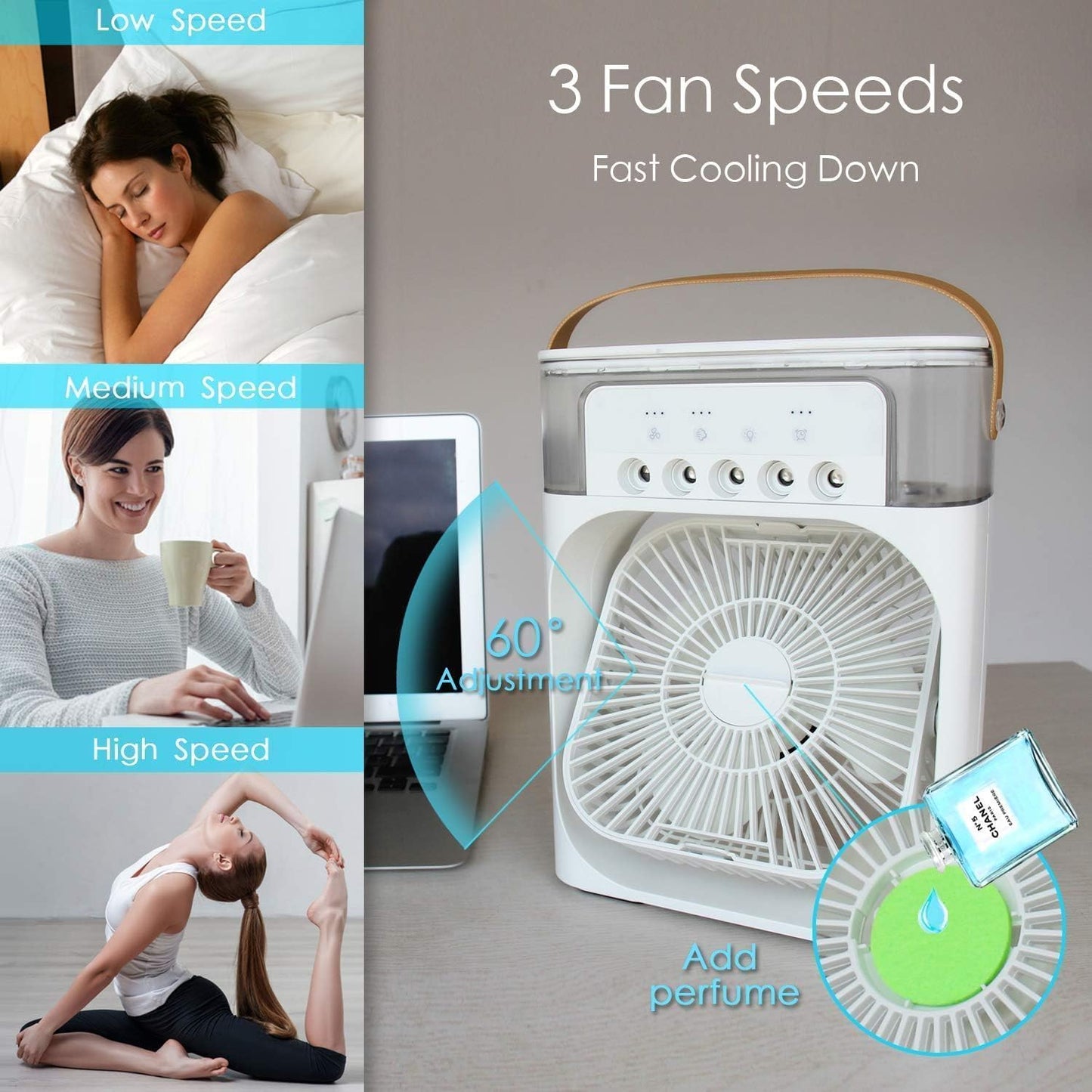 Cooling Fan With Ice/ Portable Air Conditioners, Mini Evaporative Cooler,USB Personal Conditioner, Cooling Fan for car Home Office Room, Multicolor.