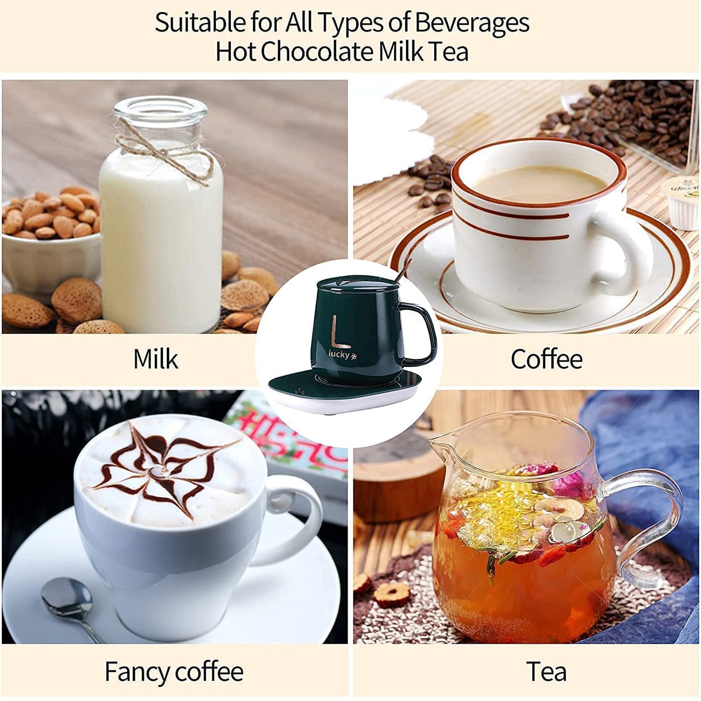 Electric Coffee Warmer/ Smart Coffee Cup Set with Electric Warmer, USB-Powered Ceramic Mug with Coaster White and Green Green Thermostatic Cup + Gift Box, Multicolor.